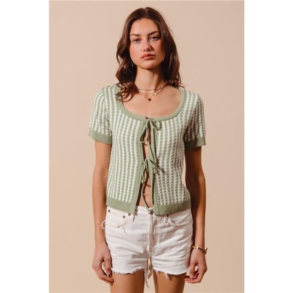 SO ME Tie Front Textured Vertical Stripe‎ Knit Cardigan